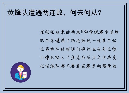 黄蜂队遭遇两连败，何去何从？
