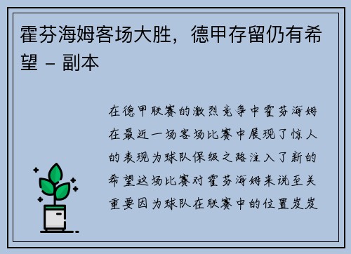 霍芬海姆客场大胜，德甲存留仍有希望 - 副本