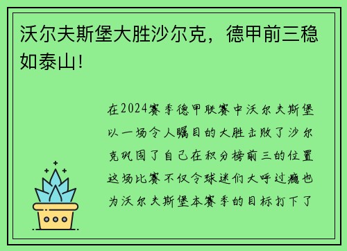 沃尔夫斯堡大胜沙尔克，德甲前三稳如泰山！
