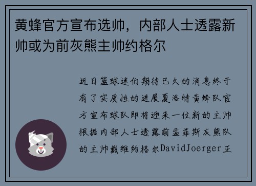 黄蜂官方宣布选帅，内部人士透露新帅或为前灰熊主帅约格尔