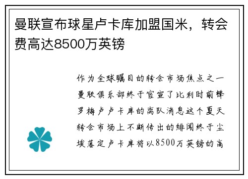 曼联宣布球星卢卡库加盟国米，转会费高达8500万英镑