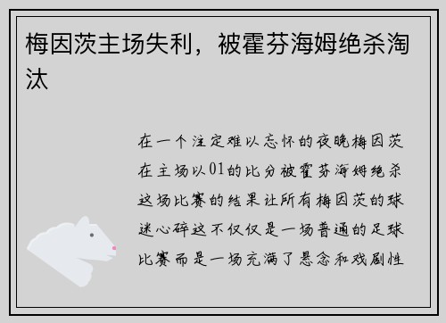 梅因茨主场失利，被霍芬海姆绝杀淘汰