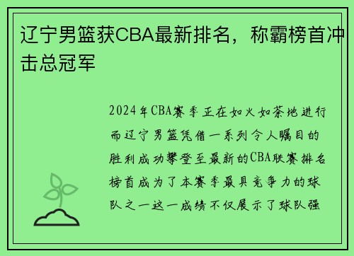 辽宁男篮获CBA最新排名，称霸榜首冲击总冠军