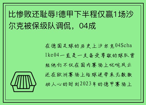 比惨败还耻辱!德甲下半程仅赢1场沙尔克被保级队调侃，04成