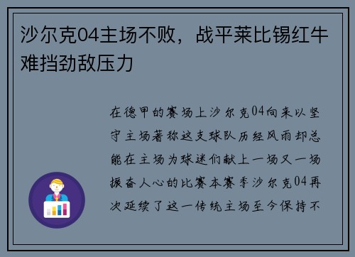 沙尔克04主场不败，战平莱比锡红牛难挡劲敌压力