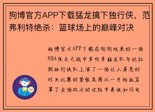 狗博官方APP下载猛龙擒下独行侠，范弗利特绝杀：篮球场上的巅峰对决