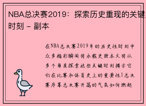 NBA总决赛2019：探索历史重现的关键时刻 - 副本