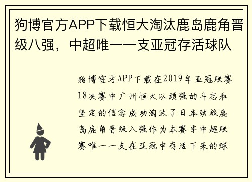狗博官方APP下载恒大淘汰鹿岛鹿角晋级八强，中超唯一一支亚冠存活球队