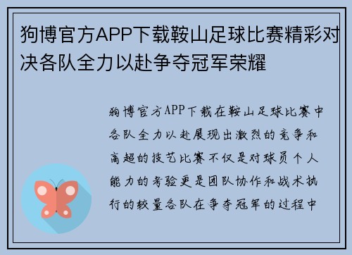 狗博官方APP下载鞍山足球比赛精彩对决各队全力以赴争夺冠军荣耀