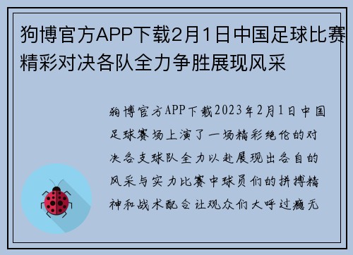 狗博官方APP下载2月1日中国足球比赛精彩对决各队全力争胜展现风采