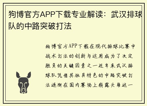 狗博官方APP下载专业解读：武汉排球队的中路突破打法