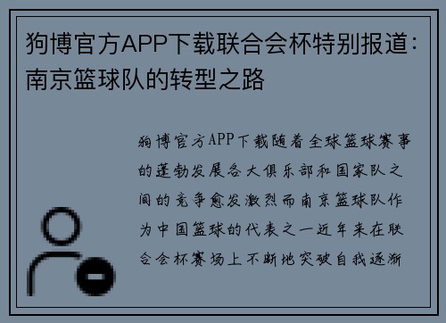 狗博官方APP下载联合会杯特别报道：南京篮球队的转型之路
