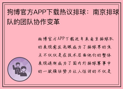 狗博官方APP下载热议排球：南京排球队的团队协作变革