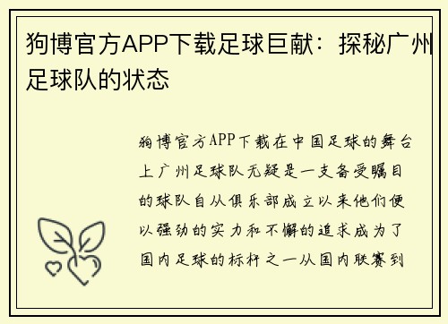 狗博官方APP下载足球巨献：探秘广州足球队的状态