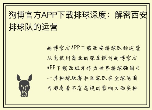狗博官方APP下载排球深度：解密西安排球队的运营